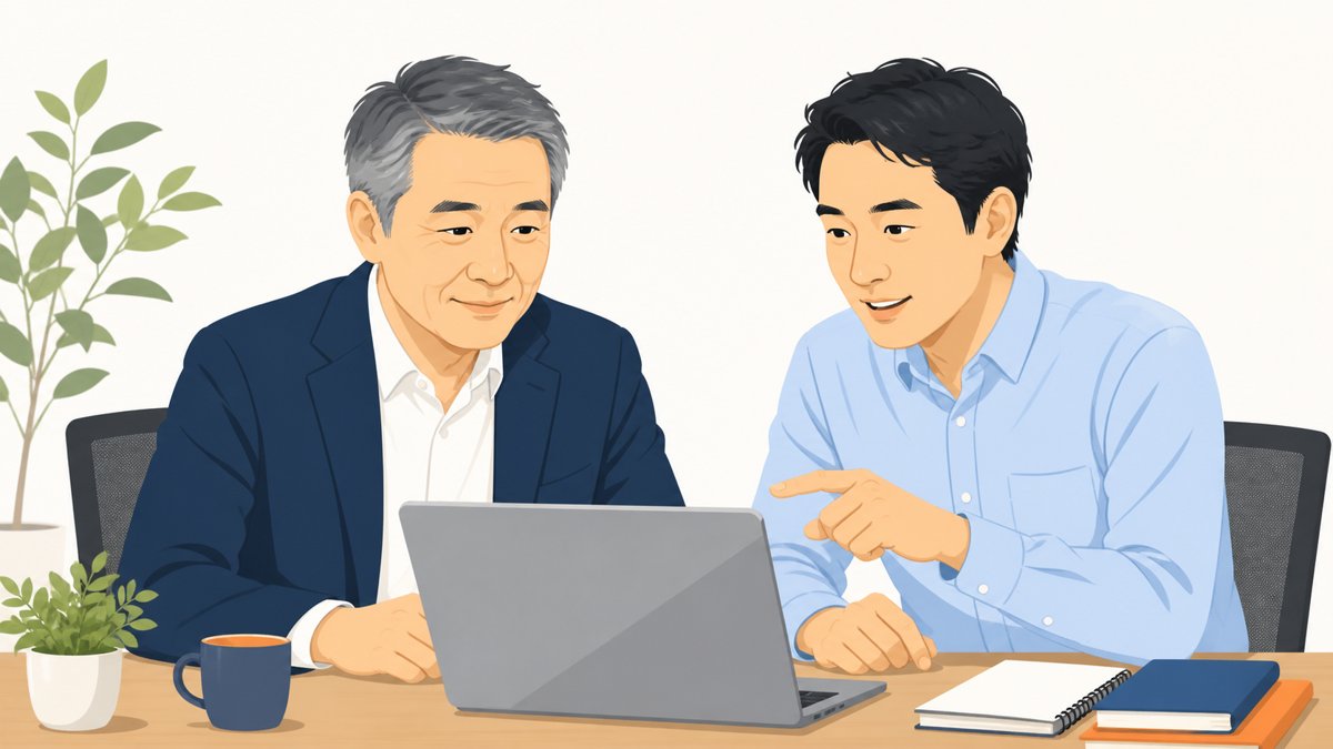 並んで画面を見ながら一緒に進める伴走のイラスト