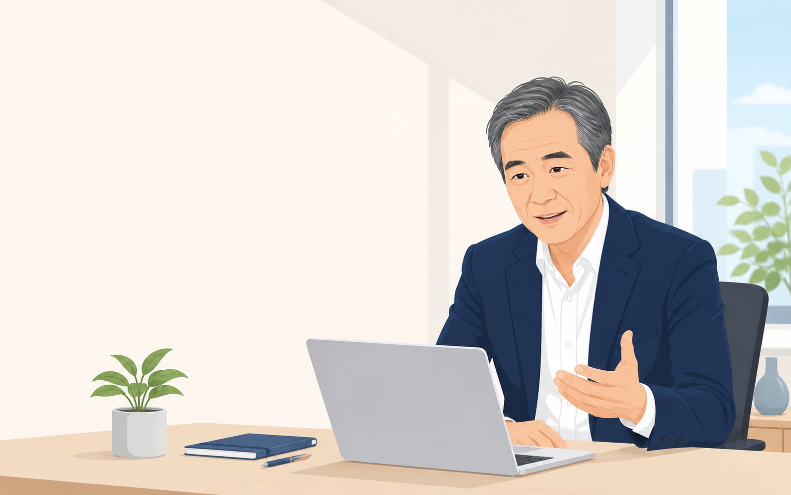 ノートパソコンに向かって話しかける経営者のイラスト