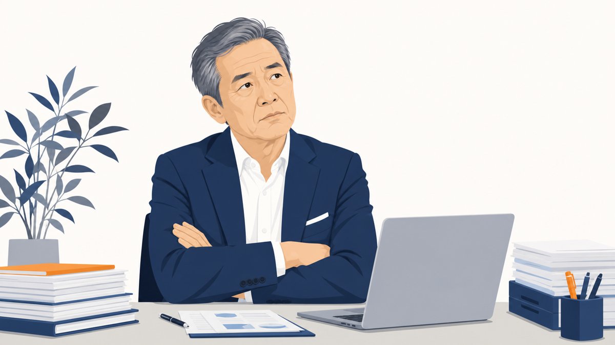 山積みの書類を前に考え込む社長のイラスト